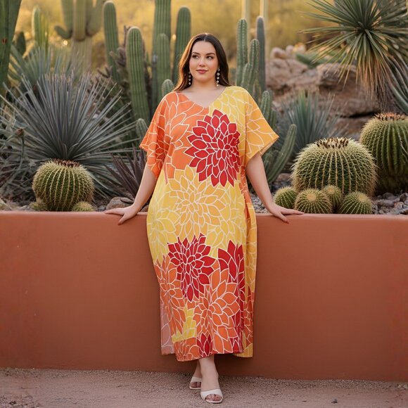 Gypsie Blu Floral Printed Plus Size Caftan Dress Summer Beach Cover Up Dresses - Picture 1 of 8